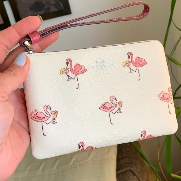 Authentic COACH Coated canvas /Smooth leather FLAMINGO top zip wristlet - Picture 8 of 9